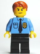 Police - City Shirt with Dark Blue Tie and Gold Badge, Black Legs, Dark Orange Short Tousled Hair 