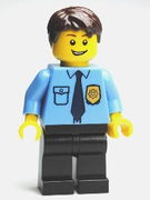 Police - City Shirt with Dark Blue Tie and Gold Badge, Black Legs, Dark Brown Short Tousled Hair 