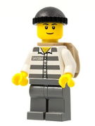 Police - Jail Prisoner 50380 Prison Stripes, Dark Bluish Gray Legs, Black Knit Cap, Black Eyebrows, Thin Grin, Backpack 