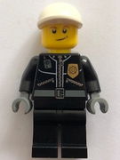 Police - City Leather Jacket with Gold Badge and 'POLICE' on Back, White Short Bill Cap, Lopsided Smile 