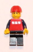 Red Shirt with 3 Silver Logos, Dark Blue Arms, Black Legs, Messy Red Hair, Red Construction Helmet 
