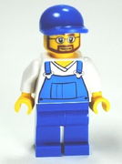 Overalls Blue over V-Neck Shirt, Blue Legs, Blue Short Bill Cap, Beard and Glasses 