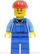 Overalls with Tools in Pocket Blue, Red Construction Helmet, Black Eyebrows, Thin Grin 