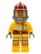 Fire - Bright Light Orange Fire Suit with Utility Belt, Dark Red Fire Helmet, Yellow Airtanks, Black Eyebrows, Chin Dimple 