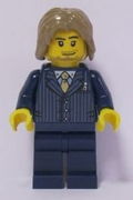 Businessman Pinstripe Jacket and Gold Tie, Dark Blue Legs, Dark Tan Mid-Length Tousled Hair 