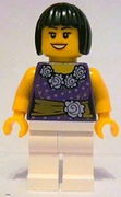 Female Dark Purple Blouse with Gold Sash and Flowers, White Legs, Black Bob Cut Hair 