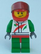 Race Car Driver, White Race Suit with Octan Logo, Red Helmet with Trans-Black Visor, Crooked Smile with Black Dimple 