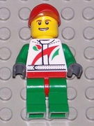 Race Car Mechanic, White Race Suit with Octan Logo, Red Cap with Hole, Brown Eyebrows, Thin Grin with Teeth 