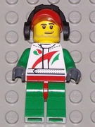 Race Car Mechanic, White Race Suit with Octan Logo, Red Cap with Hole, Headphones, Smirk and Stubble Beard 