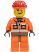 Construction Worker - Orange Zipper, Safety Stripes, Orange Arms, Orange Legs, Dark Bluish Gray Hips, Red Construction Helmet, Smirk and Stubble Beard 
