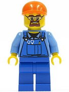 Overalls with Tools in Pocket Blue, Orange Short Bill Cap, Safety Goggles 