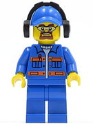 Blue Jacket with Pockets and Orange Stripes, Blue Legs, Blue Cap with Hole, Headphones, Safety Goggles 