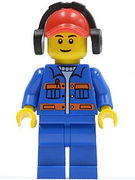 Blue Jacket with Pockets and Orange Stripes, Blue Legs, Red Cap with Hole, Headphones 