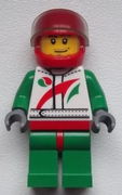 Race Car Driver, White Race Suit with Octan Logo, Red Helmet with Trans-Black Visor, Smirk and Stubble Beard 