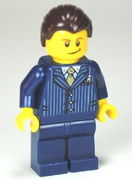 Businessman Pinstripe Jacket and Gold Tie, Dark Blue Legs, Dark Brown Hair, Crooked Smile 