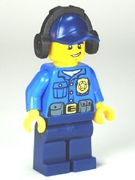Police - City Officer, Gold Badge, Dark Blue Cap with Hole, Headphones, Lopsided Grin 