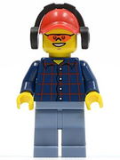 Plaid Button Shirt, Sand Blue Legs, Red Cap with Hole, Headphones 