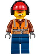 Construction Worker - Orange Zipper, Safety Stripes, Belt, Brown Shirt, Dark Blue Legs, Red Construction Helmet, Headphones, Orange Sunglasses 