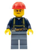 Construction Worker - Shirt with Harness and Wrench, Sand Blue Legs, Red Construction Helmet, Sweat Drops 