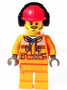 Construction Worker - Chest Pocket Zippers, Belt over Dark Gray Hoodie, Red Construction Helmet with Headset 