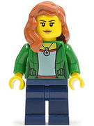 Green Female Jacket Open with Necklace, Dark Blue Legs, Dark Orange Female Hair over Shoulder 