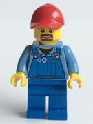Overalls with Tools in Pocket Blue, Red Cap with Hole, Brown Moustache and Goatee 