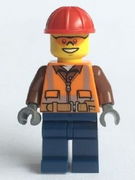 Construction Worker - Orange Zipper, Safety Stripes and Belt over Brown Shirt, Dark Blue Legs, Red Construction Helmet, Orange Sunglasses 