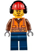 Fire - Orange Zipper, Safety Stripes, Belt, Brown Shirt, Dark Blue Legs, Red Construction Helmet, Headphones, Slight Smile, Stubble 