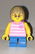 Girl, Bright Pink Striped Top with Cat Head, Dark Azure Short Legs 
