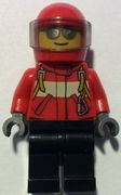 City Pilot Male, Red Fire Suit with Carabiner, Black Legs, Red Helmet, Silver Sunglasses 