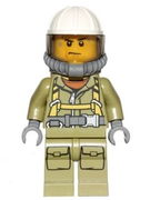 Volcano Explorer - Male Worker, Suit with Harness, Construction Helmet, Breathing Neck Gear with Yellow Airtanks, Trans-Black Visor, Sweat Drops 