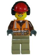 Construction Worker - Orange Zipper, Safety Stripes, Belt, Brown Shirt, Dark Tan Legs, Red Construction Helmet, Headphones, Sunglasses 