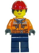 Construction Worker - Chest Pocket Zippers, Belt over Dark Gray Hoodie, Red Construction Helmet with Long Hair, Peach Lips 