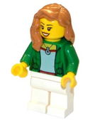 Green Female Jacket Open with Necklace, White Legs, Medium Nougat Female Hair over Shoulder, Open Smile 