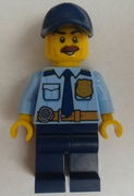 Police - City Shirt with Dark Blue Tie and Gold Badge, Dark Tan Belt with Radio, Dark Blue Legs, Dark Blue Cap with Hole, Brown Bushy Moustache 