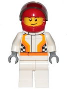 Race Car Driver, White Race Suit with Orange Stripes and Checkered Pattern, Red Helmet, Crooked Smile with Brown Dimple 