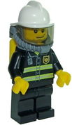 Fire - Reflective Stripes, Black Legs, White Fire Helmet, Smirk and Stubble Beard, Breathing Neck Gear with Yellow Airtanks 