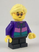 Hiker, Girl Child, Dark Purple Jacket, Glasses, Bright Light Yellow Ponytail and Swept Sideways Fringe 