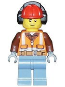 Construction Worker - Orange Zipper, Safety Stripes, Belt, Brown Shirt, Sand Blue Legs, Red Construction Helmet, Headphones, Slight Smile, Stubble 