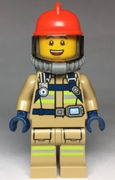 Fire - Reflective Stripes, Dark Tan Suit, Red Fire Helmet, Open Mouth, Breathing Neck Gear with Blue Airtanks 