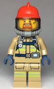 Fire - Reflective Stripes, Dark Tan Suit, Red Fire Helmet, Open Mouth with Goatee, Breathing Neck Gear with Blue Airtanks 