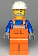 Construction Worker, Orange Overalls over Blue Shirt, White Construction Helmet, Open Mouth with Beard 