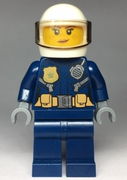 Police - City Helicopter Pilot Female, Gold Badge and Utility Belt, Dark Blue Legs, White Helmet, Peach Lips Crooked Smile with Freckles 