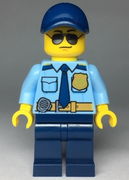 Police - City Officer Shirt with Dark Blue Tie and Gold Badge, Dark Tan Belt with Radio, Dark Blue Legs, Dark Blue Cap, Sunglasses 