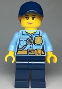 Police - City Officer Female, Bright Light Blue Shirt with Badge and Radio, Dark Blue Legs, Dark Blue Cap with Dark Orange Ponytail 