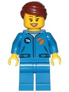 Astronaut - Female, Blue Jumpsuit, Reddish Brown Hair Swept Back Into Bun, Open Mouth Smile 