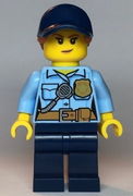 Police - City Officer Female, Bright Light Blue Shirt with Badge and Radio, Dark Blue Legs, Dark Blue Cap with Dark Orange Ponytail, Freckles 