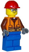 Construction Worker - Orange Zipper, Safety Stripes and Belt over Brown Shirt, Blue Legs, Red Construction Helmet, Glasses 