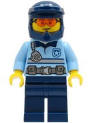 Police - City Officer Bright Light Blue Shirt with Silver Stripe, Badge and Radio, Dark Blue Legs, Dark Blue Dirt Bike Helmet, Orange Glasses 