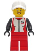 Woman - Red and White Race Jacket, Red Legs, White Cap with Bright Light Yellow Hair 